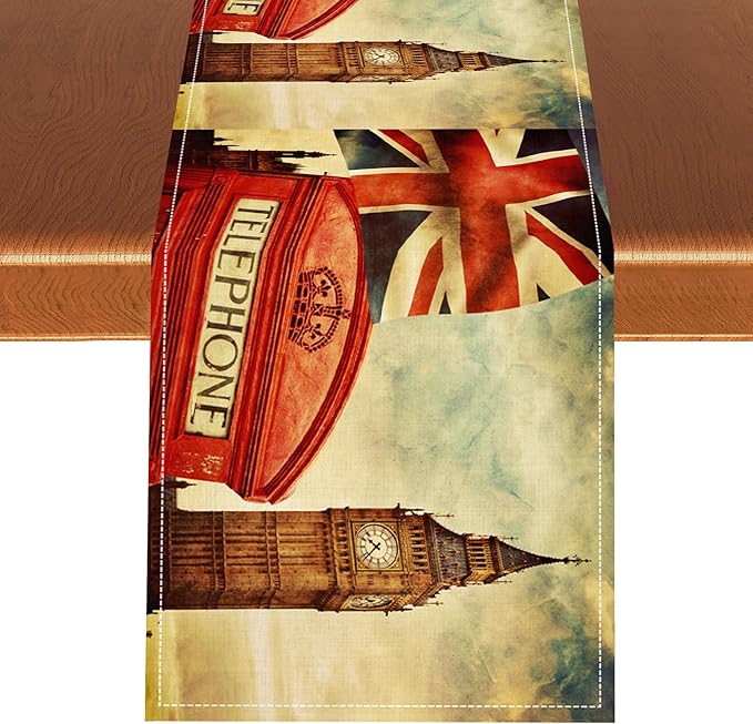 British Table Runner, Seasonal Vintage Buildings England London Culture Element Coffee Table Center Decor for Home Kitchen Dining Patio Holiday Party Table Decorations 13x108 inches