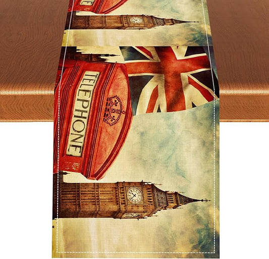 British Table Runner, Seasonal Vintage Buildings England London Culture Element Coffee Table Center Decor for Home Kitchen Dining Patio Holiday Party Table Decorations 13x108 inches