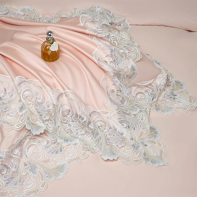 mixinni Luxury Satin Duvet Cover Set with Embroidery Lace, Silky Soft Bedding Set (1 Duvet Cover + 2 Pillowcases), Blush Pink - Elegant Bedroom Comforter Cover, Vintage Royal Style-Full Size