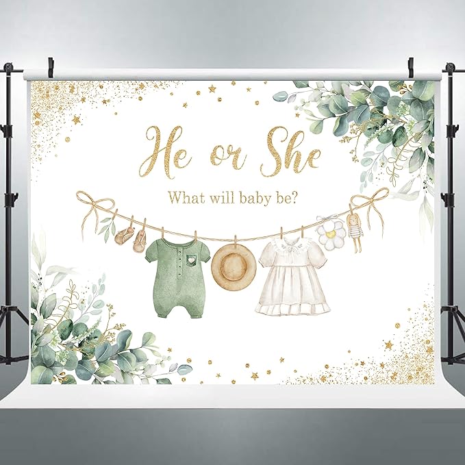 Riyidecor Green Gender Reveal Backdrop Polyester Fabric He or She What Will Baby Be 8Wx6H Feet Boho Watercolor Gold Dots Sage Eucalyptus Leaves Photography Background Baby Shower Photo Studio Shoot