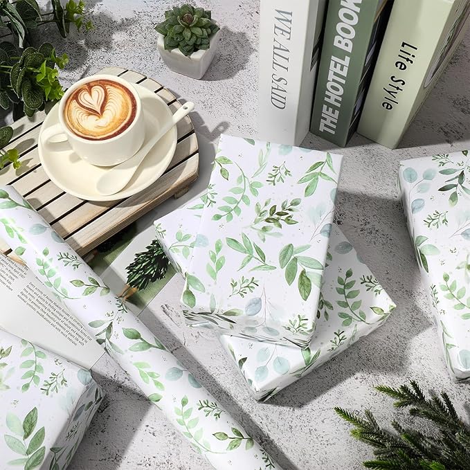 JarThenaAMCS Greenery Wrapping Paper Roll 16.9 In x 32.8Ft Green Leaves Gift Wrap Paper Spring Decorative Art Paper for Baby Shower Birthday Gift Packing Supplies