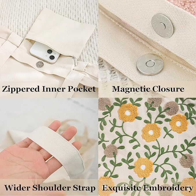 Aesthetic Embroidery Tote Bag for Lady Cute Reusable Canvas Shoulder Bag for Girls Women Shopping Grocery
