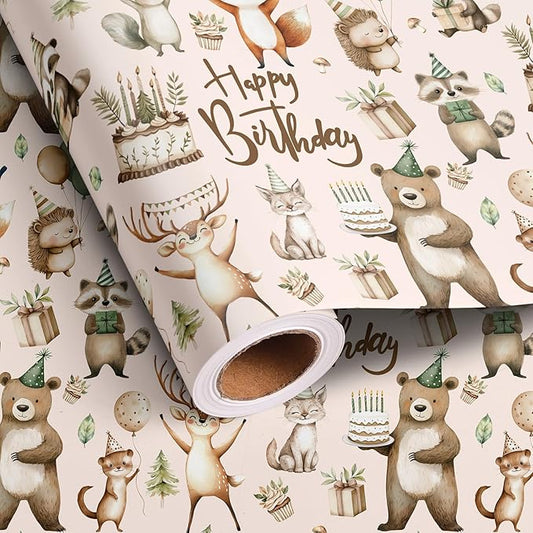 Altarho Birthday Wrapping Paper Roll - Birthday Safari Woodland Animals with Gift Box Cake Design Gift Wrap Sheets for Kids Boys Baby Shower Party Decoration Celebration Total 28.5sq.ft
