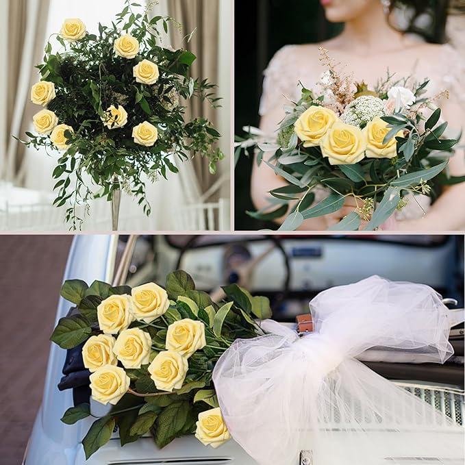 Artificial Flowers Creamy Yellow Roses 200Pcs Real Looking Foam Fake Roses with Leaves for DIY Wedding Bouquets Bridal Shower Party Decorations (Creamy Yellow, 200)