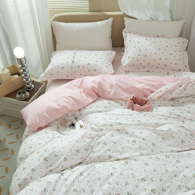 Pink Flower Duvet Cover Full Size Girls Cottage Floral Duvet Cover with 2 Pillowcases Soft 100% Cotton Flower Bedding Set Full Vintage Floral Comforter Cover with Zipper Closure for Girls Women