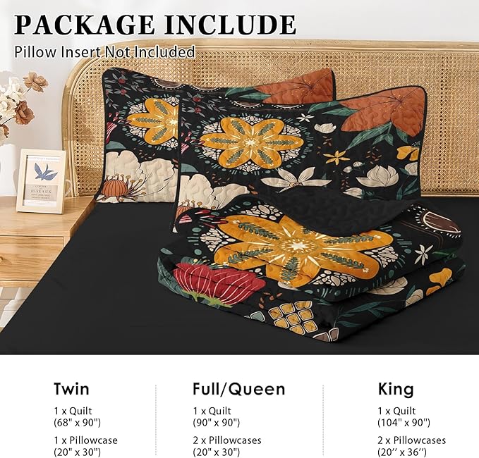 Quilt Set Full/Queen Size, Black Tropical Floral 3 Pcs Soft Bed Cover Bedding Set, Farmhouse Botanical Lightweight Bedspread Coverlet with 2 Pillow Sham for All Season