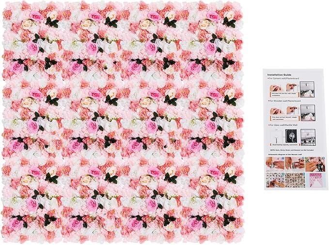 12PCS Flower Wall Panels, 3D Silk Floral Wall Backdrop, Realistic Pink Dahlias Rose Flower Backplanes, Roll Up Fake Flower Background for Valentines Wedding Party Home Decoration