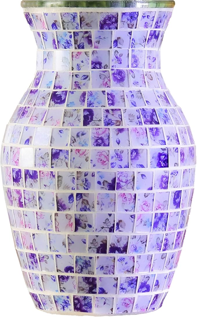 8" H Purple Mosaic Vase.Exquisite Craftsmanship.Decor Home Modern Midsize All Handmade Mosaic Vases .Beautiful Glass Vase for Home&Office Decor.Unique Gift