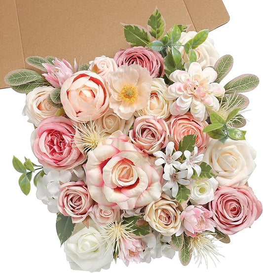 Pink Artificial Flowers Combo Set Fake Flower Leaf Box with Stemst for DIY Wedding Bridal Bouquet, Centerpieces, Home Decor, Floral Arrangement Decor