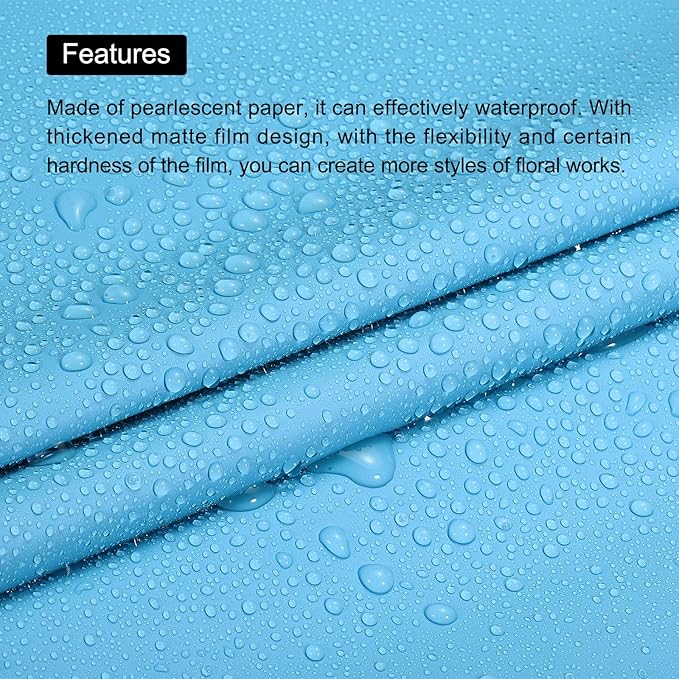 MECCANIXITY Pearlescent Film Flower Wrapping Paper 22.8x22.8 Inch Waterproof for DIY Crafts, Gift/Gift Box Packaging Lake Blue Pack of 20