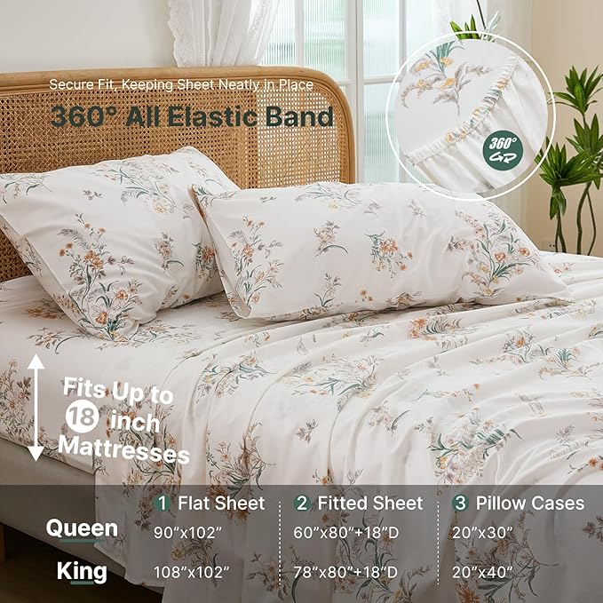 100% Cotton Sheet Set King Size – 4-Piece Shabby Chic Floral Bedding Set, Soft Breathable Percale Weave, Deep Pocket Fitted Sheet 17.5", Crisp Cool Feel, Refined Botanical Elegance