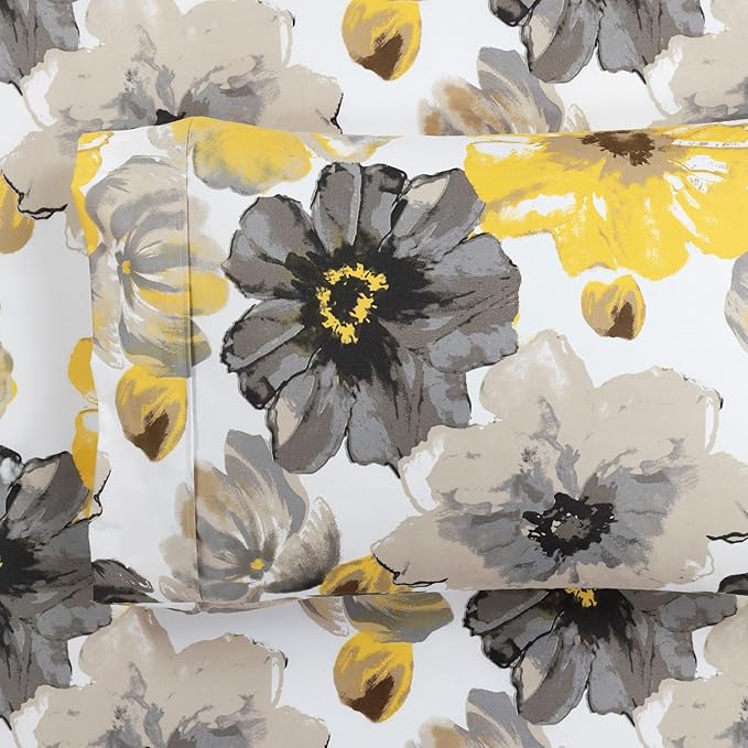 Lush Decor Leah Soft Floral Sheet Set, 6 Piece Set, King, Yellow & Gray- King Size Sheet Set - Printed Bedding - Watercolor Florals - Farmhouse Décor