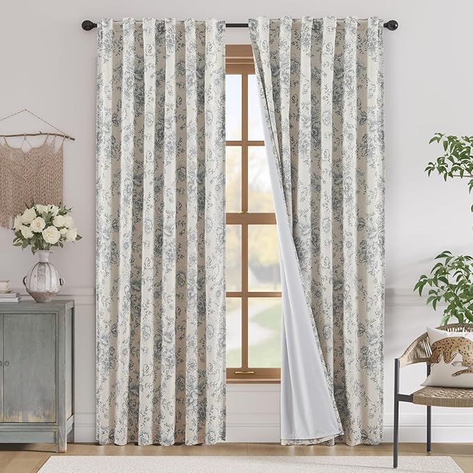 jinchan Blackout Linen Blend Curtain Grey Floral Blackout Curtains for Living Room 84 Inch Length Gray Printed with Lined Blackout Curtain for Bedroom Farmhouse Curtains Set 2 Panels
