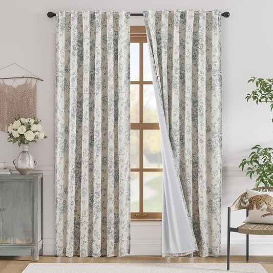 jinchan Blackout Linen Blend Curtain Gray Floral Blackout Curtains for Living Room 90 Inch Length Grey Printed with Lined Blackout Curtain for Bedroom Farmhouse Curtains Set 2 Panels