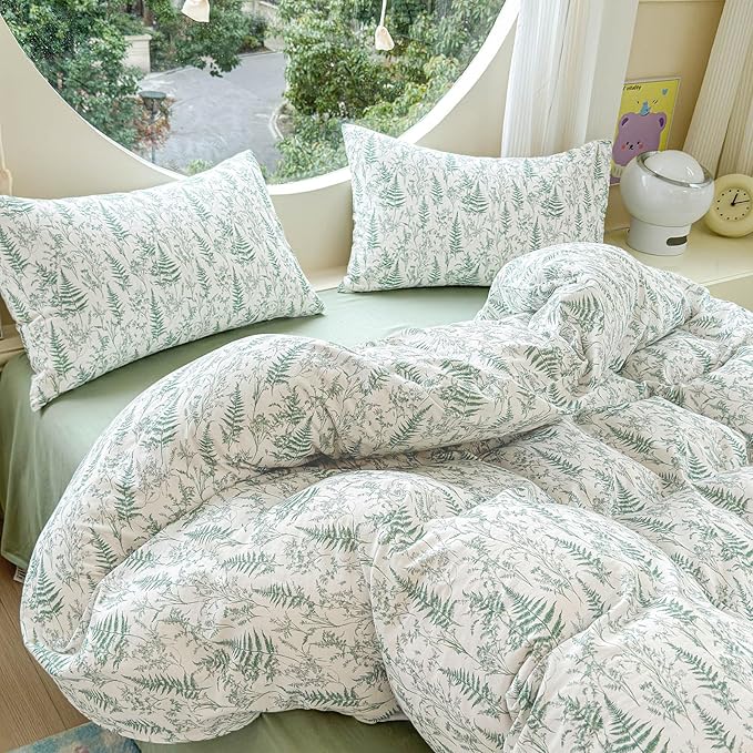 LifeTB Muslin Duvet Cover Twin Size 100% Cotton Botanical Floral Comforter Cover Ultra Soft Cottagecore Bedding Set Lightweight Linen Feel Textured Breathable Gauze Duvet Cover with 2 Pillowcases