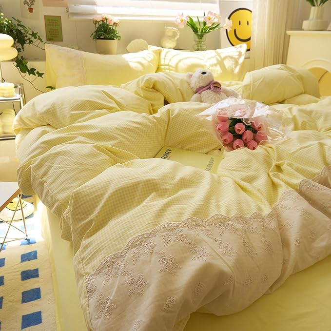 LifeTB Yellow Gingham Duvet Cover King 3 Pieces Romantic Lace Comforter Cover Soft Microfiber Cream Yellow Grid Duvet Cover Farmhouse Plaid Checkered Comforter Cover Grid Gingham Bedding Set