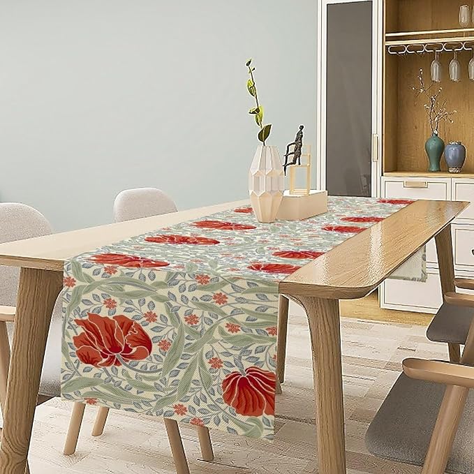 William Morris Table Runner, Retro Red Flowers Green Botanical Country Farmhouse Tabletop Decoration for Kitchen Dining Home Party 13x60 Inch