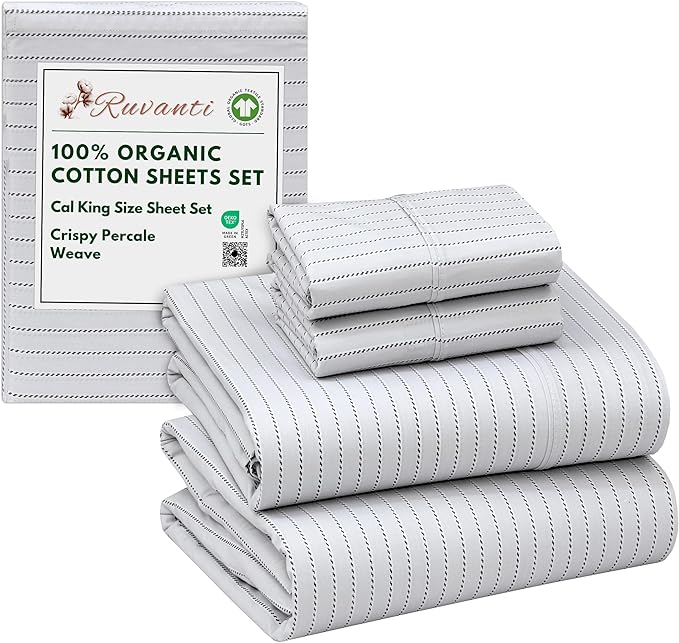 RUVANTI 100% Organic Cotton Sheets California King, Percale Weave, GOTS Certified, 4-Piece Set, Deep Pocket 13", Crisp & Breathable, Soft Durable Bedding, Sábanas Algodón Orgánico – Construction Line