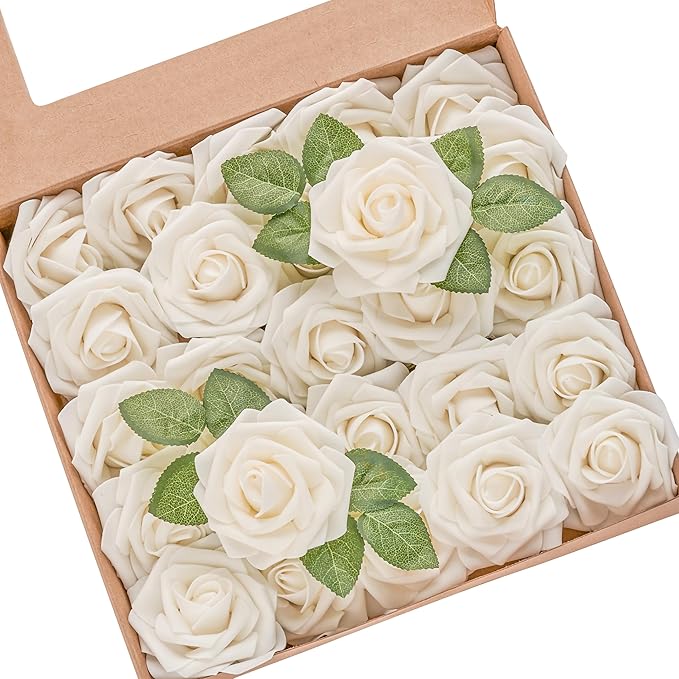 Artificial Flowers, 100pcs Artificial Rose for DIY Wedding Bouquets Centerpieces Arrangements, Champagne Foam Rose with Stem for Bridal Shower Party Home Decorations