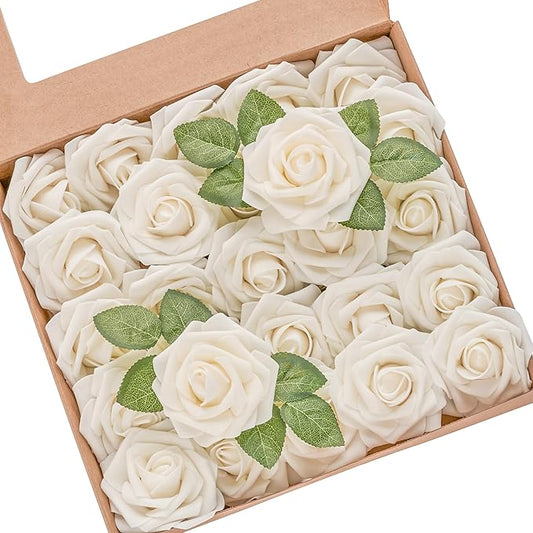Artificial Flowers, 100pcs Artificial Rose for DIY Wedding Bouquets Centerpieces Arrangements, Champagne Foam Rose with Stem for Bridal Shower Party Home Decorations