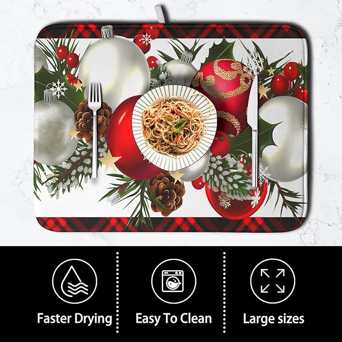 Christmas Red Buffalo Plaid Dish Drying Mat for Kitchen Counter 16x18 Inch Winter Xmas Ball Snowflake Pine Cones Dishes Drying Mat Microfibe Super Absorbent Dish Rack Pad for Coffee Bar Sinks