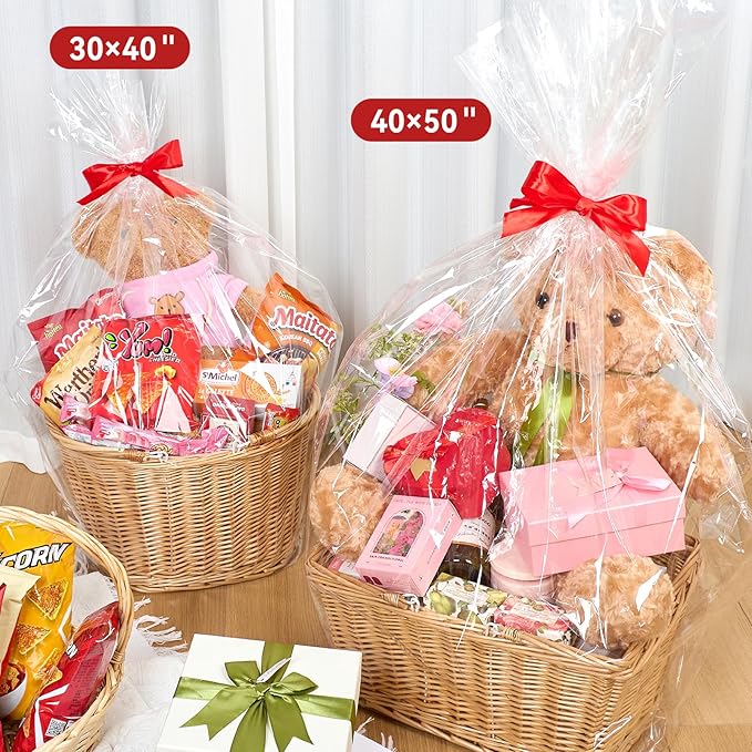 Mauproy 30"x 40" Large Cellophane Bags, 10 PCS Clear Cellophane Wrap 3 Mil Thick Plastic Gift Wrapping Bags for Gift Baskets Birthday Baby Shower Christmas Party Favors