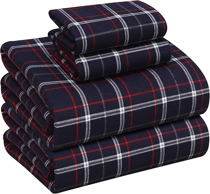 RUVANTI Flannel Sheets Queen Size - 100% Cotton Double Brushed Bed Sheets, Deep Pockets 16 Inches Queen Sheet Set, All Seasons Breathable & Extra Soft - Warm & Cozy, 4 Piece, Yankees Blue
