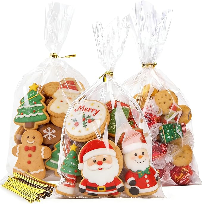 joybest 100 Pcs 6x10 Inches Clear Cellophane Bags, Plastic Treat Bags Gift Wrapping Bag for Bulk Party Favor Goodie Cookie Dessert with Twist Ties