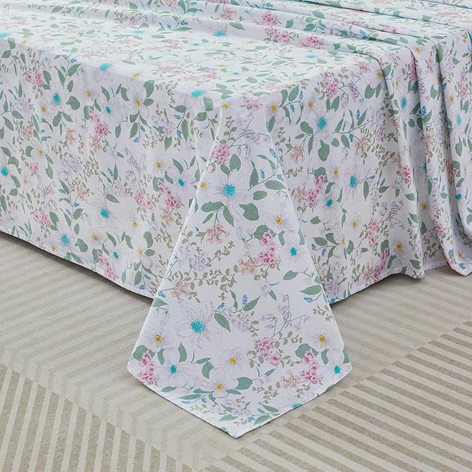 FADFAY Twin Extro Long Size Sheets Set 100% Cotton Vintage Floral Shabby Flowers & Leaves Pattern Farmhouse Bedding Set Deep Pocket Sheets with 2 Pillowcases Breathable Soft 4Pcs, Twin XL