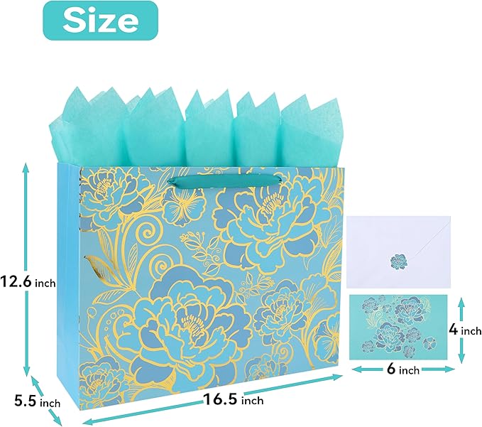 16.5” Extra Large Rose Green Gift Bag Set with Handles, Greeting Card, Tissue Papers and Stickers for Women Girls for Birthday, Wedding, Valentine's Day and Mother’s Day, Foil Traced Flowers Design, 1 Pcs