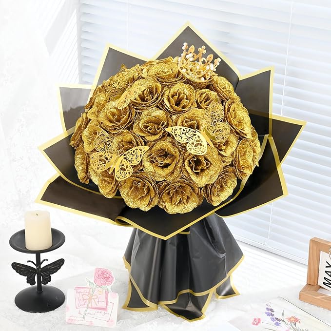Waipfaru Glitter Roses Bouquet, DIY Fake Flowers Bouquet, Birthday Gifts for Women Mom, 36 Pcs Gold Rose for Grandma Wife Girlfriend Valentines, Mothers Day, Anniversary, Graduation