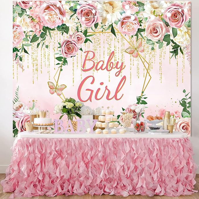 Pink Floral Baby Girls Baby Shower Backdrop Party Decorations,Blush Rose Flowers It's Baby Girl Backdrops Banner Photography Background Princess Baby Shower Party Photo Booth Supplies 10x7ft
