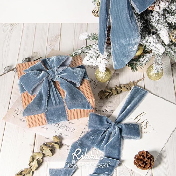 Ribbli Dusty Blue Velvet Ribbon 3 Inch Handmade Frayed Vintage Christmas Ribbon for Gift Wrapping Christmas Tree Ornament Wreath Craft Home Decor -3 Yards