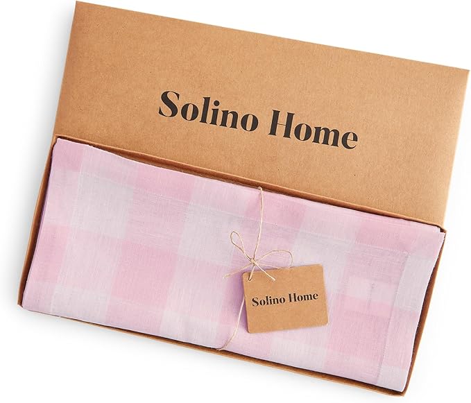 Solino Home Linen Checkered Table Runner 48 Inches - 100% Pure Linen Marshmellow Pink Buffalo Check Table Runner 14 x 48 Inch Ideal for Dresser and Coffee Tables, Valentines, Spring, Easter