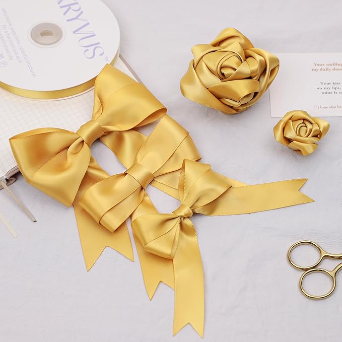 Light Gold Satin Ribbon, Double Faced 7/8 Inch X 50 Yards Light Gold Ribbon, Premium Satin Ribbon for Gift Wrapping, Crafts, Hair Bow Making, Sewing, Flower Bouquet, Wedding Party Decor