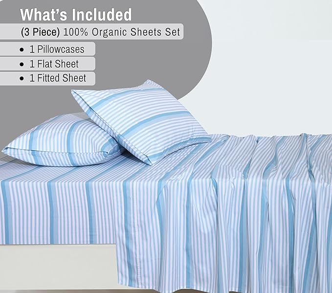 RUVANTI 100% Organic Cotton Sheets Twin Size, Percale Weave, GOTS Certified, 3-Piece Set, Deep Pocket 15", Crisp & Breathable, Soft Durable Bedding, Sábanas Algodón Orgánico – Nautical Stripes