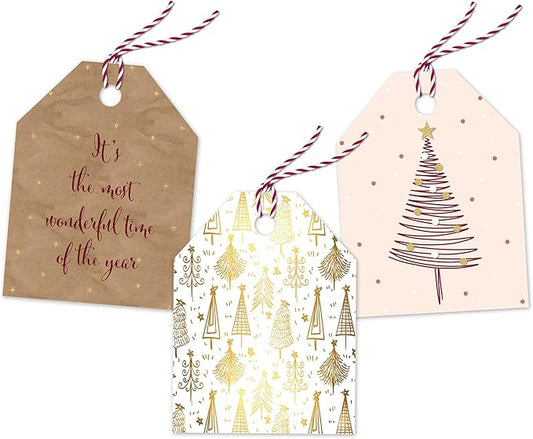 Pro Supply Global 24 Count of 2.5 Inch x 3 Inch Pre Strung Gold Christmas Trees Gift Tag Assorted Printed Designs on Large Cardstock Gift Hang Tags - Ideal to Use on Bags