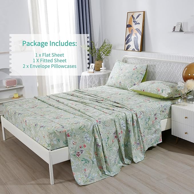 RYNGHIPY Shabby Flowers Print Bed Sheet Collections Egyptian Cotton Garden Floral Sheets (Green Floral,Queen Size)