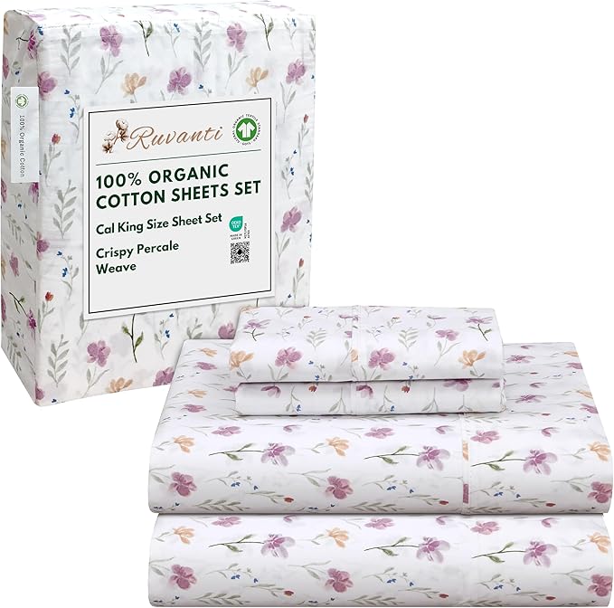 RUVANTI 100% Organic Cotton Sheets California King, Percale Weave, GOTS Certified, 4-Piece Set, Deep Pocket 13", Crisp & Breathable, Soft Durable Bedding, Sábanas Algodón Orgánico – Obsessed Stems