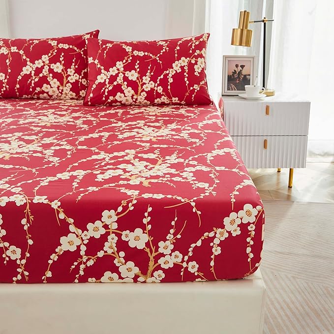 Brandream Floral Sheet Set King Size Japanese Oriental Style Cherry Red Blossom Flower Branches Print Chinoiserie Bedding Pillowcases Set 800TC Egyptian Cotton Sateen Botanical Tree Deep Pocket, 4 Pcs