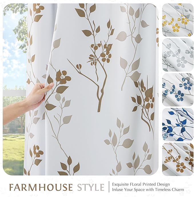 Beauoop Floral 100% Blackout Curtains 84 Inches Long 2 Panels for Bedroom Living Room Tan Brown and White Flower Patterned Room Darkening Thermal Soundproof Rod Pocket Back Tab Window Drapes, 52X84