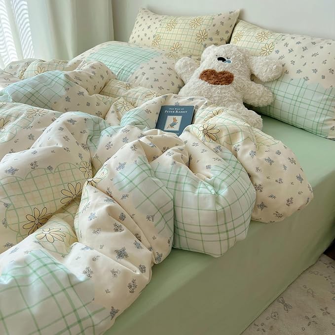 LifeTB Muslin Cotton Duvet Cover Set Full Size Vintage Style Floral Duvet Cover Soft Breathable Comforter Cover Farmhouse Flower Plaid Bedding Set Linen Feel Gauze Comforter Cover with Zipper Closure