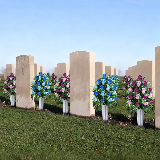 Artificial Cemetery Flowers - Set of 2 Grave Memorial Rose Flowers with Vase for Cemetery Headstones Gravesites Decoration (Dark Blue & Light Blue)