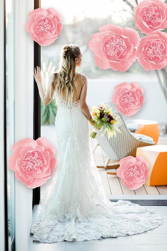Crepe Paper Flowers Decoration for Wall, Artificial Flowers for Wedding Decor,Flower Backdrop Decor,Baby Shower,Birthday Party, Photo Backdrop, Nursery Wall Decor (Pink;Set/6)