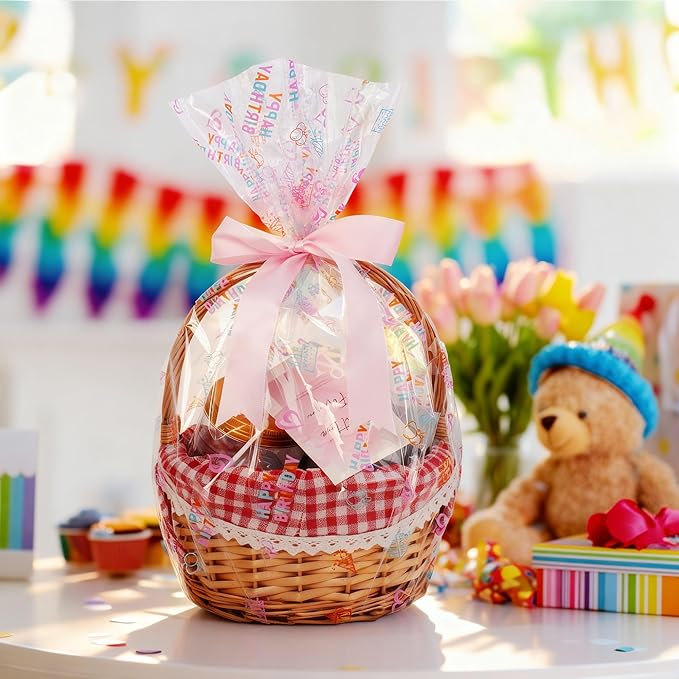 JOYIT Happy Birthday Cellophane Wrap Roll (35'' Wide X 50 FT Long) - 3 Mil Thick Clear Cellophane Roll, Birthday Cellophane Bags Large, Wrapping Paper for Flower Gift Baskets Wrap (35" fold into 17.5")