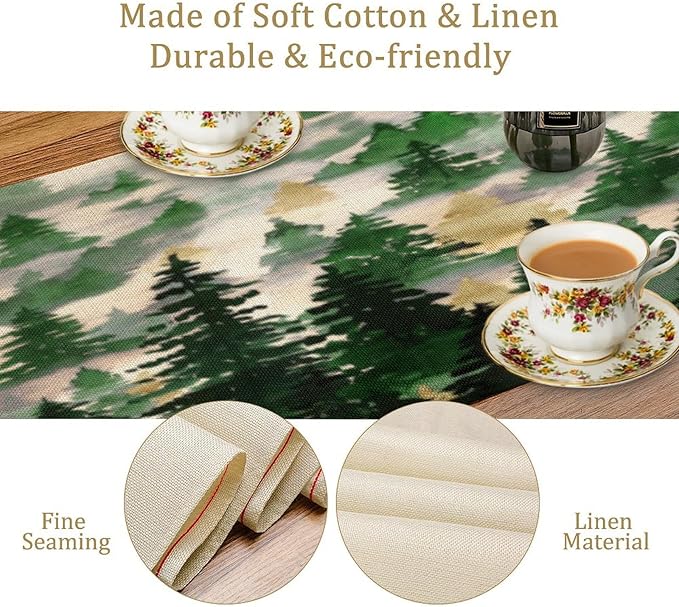 Watercolor Green Pine Trees Table Runner, Forest Woodland Tabletop Scarf Home Kitchen Holiday Decor, Seasonal Farmhouse Rustic Dining Decorations Party Supply 13 X 120 Inch
