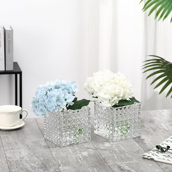 Square Vases Set of 6, 4" x 4" x 4" Square Glass Vases for Flowers, Clear Flower Vase for Centerpieces, Small Bubble Vase for Wedding, Party, Home, Office, Parties, Events