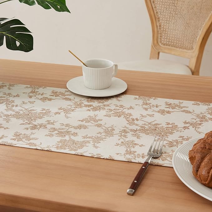 100% Cotton French Pastoral Table Runners, 13x72 Inch Brown Farmhouse Table Runners 72 Inches Long, Vintage Flowers Print Home Decors