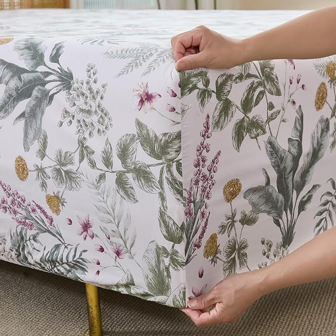 100% Cotton Sheet Set King Size – 4-Piece Vintage Sage Green Floral Bedding Set, Soft Breathable Percale Weave, Deep Pocket Fitted Sheet 17.5", Crisp Cool Feel, Refined Botanical Elegance