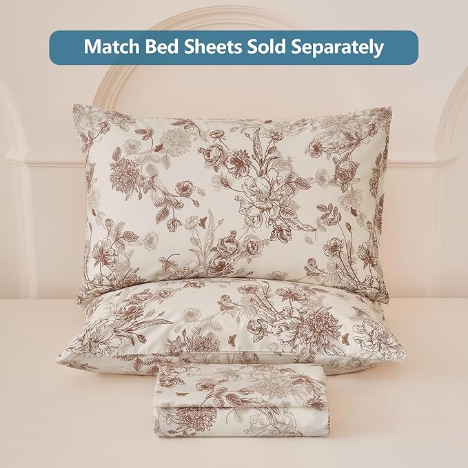 Brown Floral Duvet Cover Set 100% Percale Cotton King Size Shabby Vintage Toile Flower Printed Comforter Covers with Zipper, Soft & Breathable French Country Bedding 3Pcs-Not Comforter